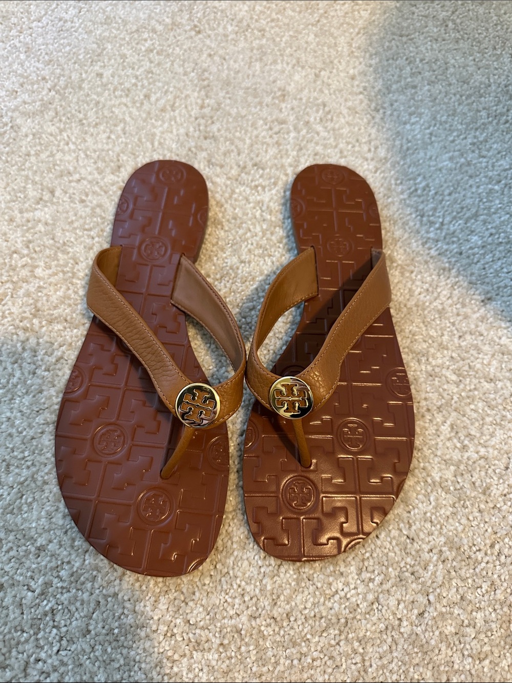 Tory Burch Tan Leather Logo Flip Flops with Gold Emblem